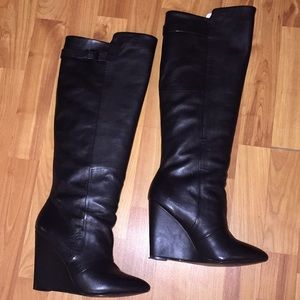 Black leather wedge knee high boots